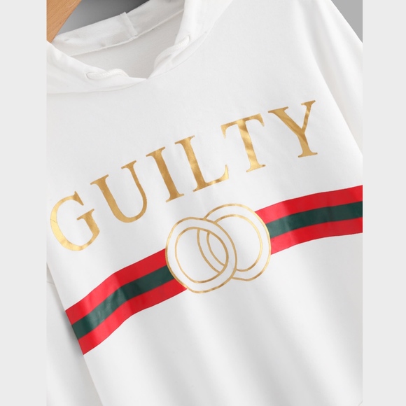 Guilty Print Cropped Hoodie Sweatshirt White Black - Picture 6 of 8